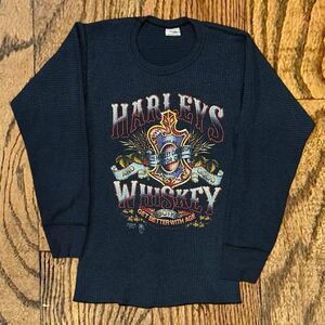 Vintage 80s 3D Emblem Harley Davidson Whiskey Long Sleeve Waffle Thermal Shirt